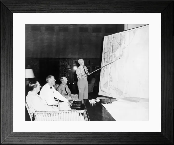 Framed Print : President Roosevelt meeting with General Douglas MacArthur, Admiral William D. Leahy, and Admiral Chester W. Nimitz, who is pointing to Tokyo on a large map. August 1944 Framed Print : President Roosevelt meeting with General Douglas MacArthur, Admiral William D. Leahy, and Admiral Chester W. Nimitz, who is pointing to Tokyo on a large map. August 1944