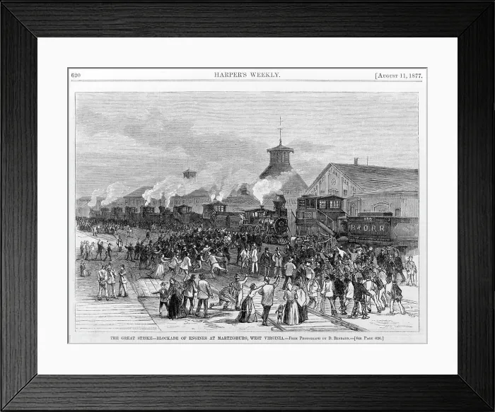 Framed Print : Great Railroad Strike of 1877. Blockade of engines at Martinsburg, West Virginia, 16 July, 1877. Woodcut, 1877