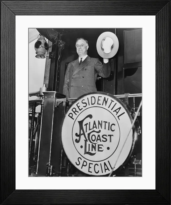 Framed Print : President Franklin D. Roosevelt, leaving Washington, D.C. for Florida, waving goodbye from the rear of the Atlantic Coast Line Presidential Special Railroad. 1934