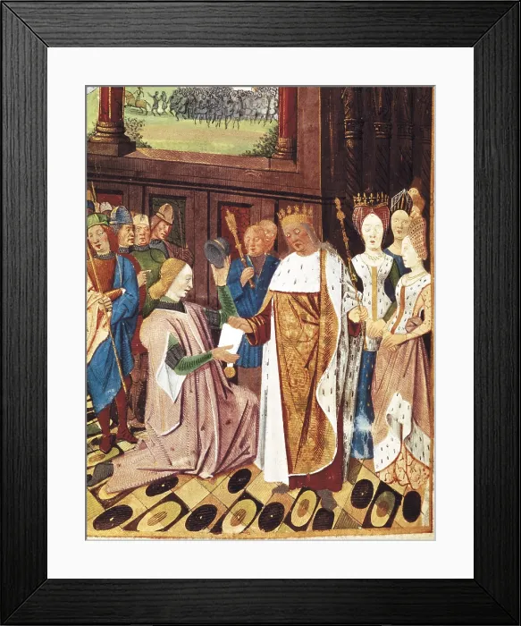 Framed Print : BUEIL, John V of (1406-1477). Charles VIII returned a letter Joan of Arc. Illustration in 'Le Jouvencel' (1461-1466)