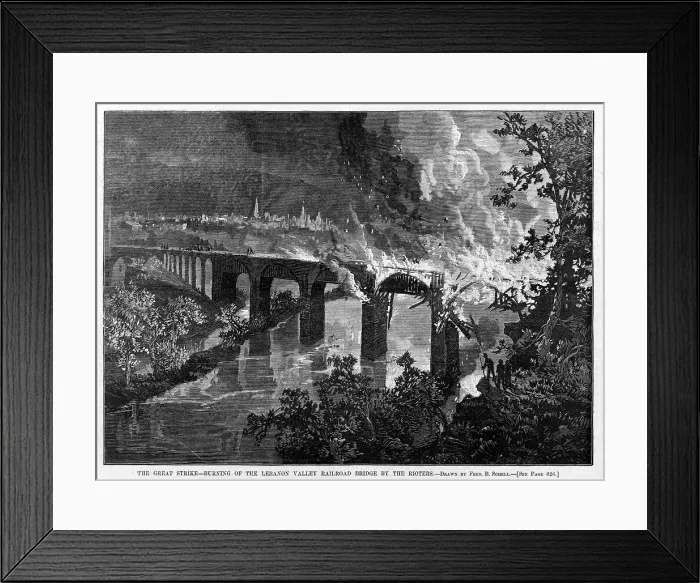 Framed Print : Great Railroad Strike of 1877. Burning of the Lebanon Valley Railroad bridge by the rioters. Pennsylvania, Woodcut, 1877