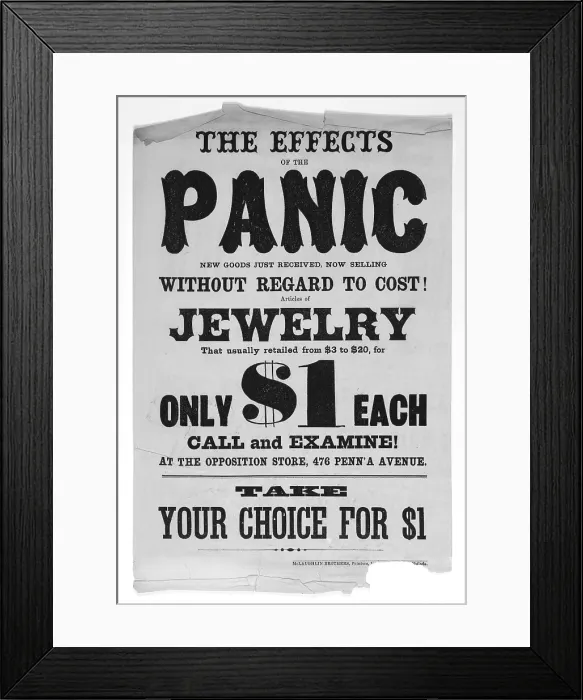 Framed Print : Panic of 1873. Bill advertising jewelry sale during the Bank Panic of 1873. Washington, DC 1873