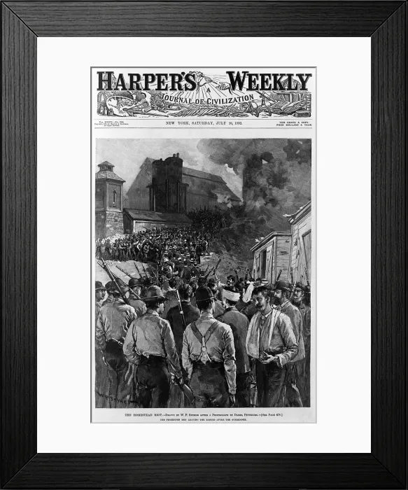 Framed Print : The Homestead riot. The Pinkerton men leaving the barges after the surrender of the strikers. Woodcut, 1892