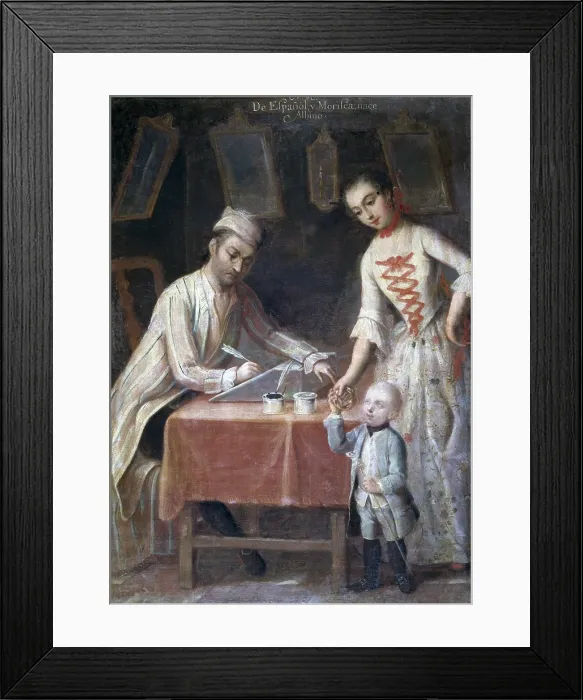 Framed Print : ISLAS, Andres de (18th c.). From a Spanish and a Moorish, an Albino comes. 1774. Casta paintings. Mexican school. Colonial baroque. Oil on canvas. SPAIN. Madrid