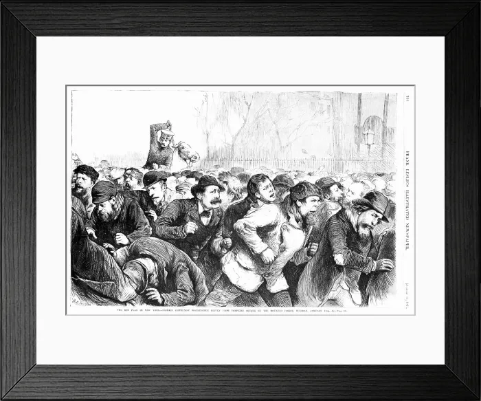 Framed Print : The red flag in New York - riotous Communist workingmen driven from Tompkins Square by the mounted police, Tuesday, January 13th, 1874. Woodcut, 1874
