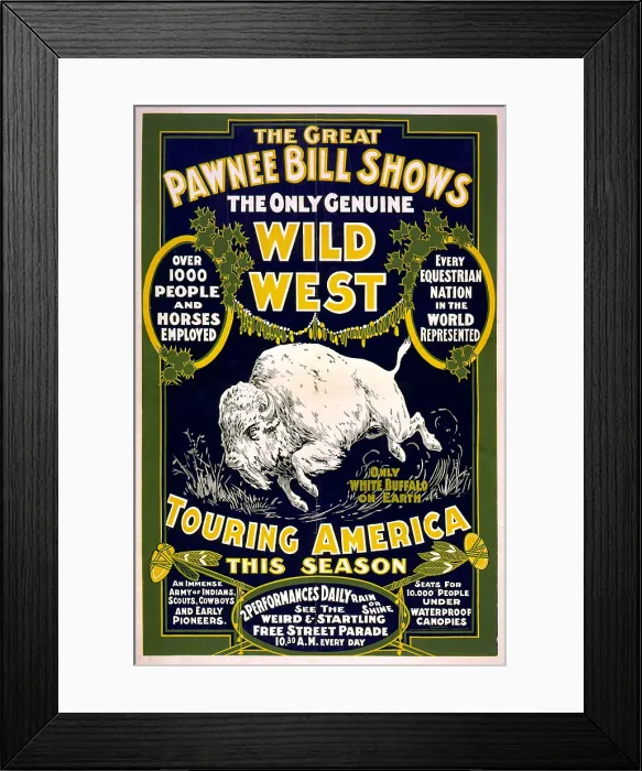 Framed Print : The Great Pawnee Bill shows. The only genuine wild west. Touring America. Circus poster with white buffalo in middle. c1903 Framed Print : The Great Pawnee Bill shows. The only genuine wild west. Touring America. Circus poster with white buffalo in middle. c1903