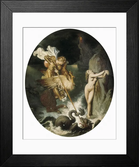 Framed Print : INGRES, Jean-Auguste-Dominique (1780-1867). Roger Delivering Angelica (Roger delivrant Angelique). 1818. Scene from the play 'Orlando Furioso' (Canto X) by Ariosto