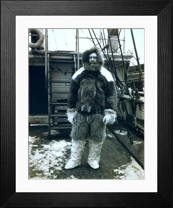 Framed Print : Robert E. Peary (1856-1920) Arctic explorer wearing fur clothing on the deck of his ship, 'Roosevelt.' 1905 expedition Framed Print : Robert E. Peary (1856-1920) Arctic explorer wearing fur clothing on the deck of his ship, 'Roosevelt.' 1905 expedition