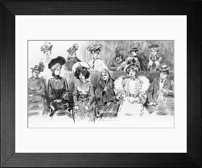 Framed Print : 1902 drawing by Charles Dana Gibson (1867-1944), 'Studies in expression. When women are jurors, ' shows women jury of various ages and attitudes Framed Print : 1902 drawing by Charles Dana Gibson (1867-1944), 'Studies in expression. When women are jurors, ' shows women jury of various ages and attitudes