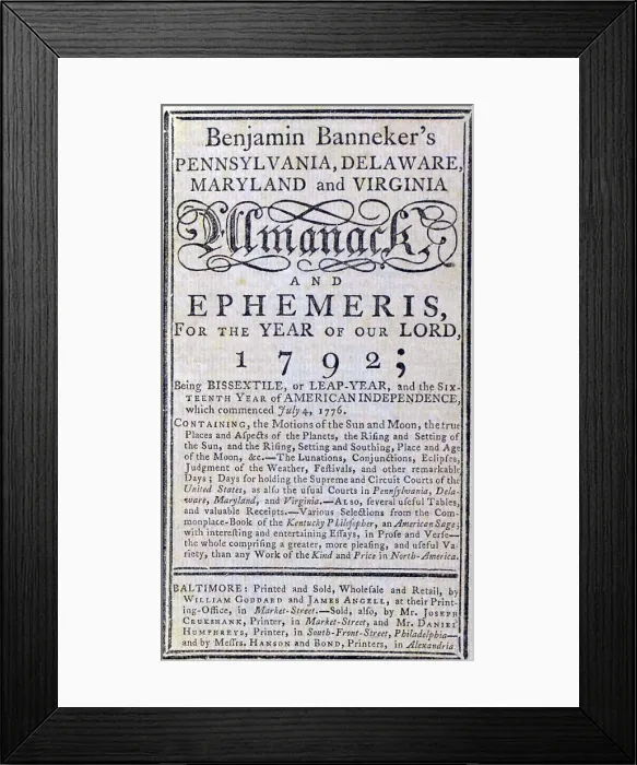 Framed Print : Title page of a 1792 Almanac published by one of the first African American intellectuals, Benjamin Banneker (1731-1806)