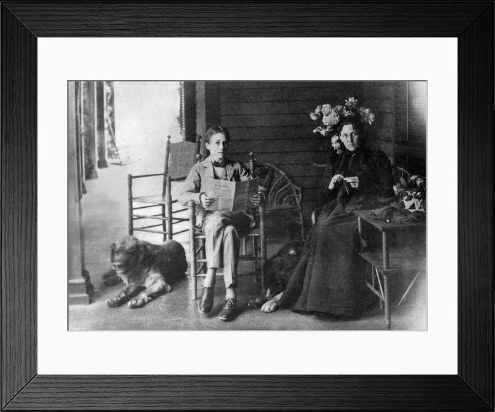 Framed Print : Franklin D. Roosevelt with dog, Monk, and his mother in Hyde Park. June 1898. Sara Delano Roosevelt is knitting. (BSLOC_2013_6_12)