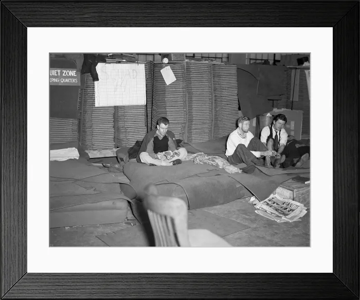 Framed Print : Sit-down strikers in the General Motors Fisher body plant in Flint, Michigan. 1933. Sleeping quarters for striking autoworkers. (BSLOC_2013_6_100) Framed Print : Sit-down strikers in the General Motors Fisher body plant in Flint, Michigan. 1933. Sleeping quarters for striking autoworkers. (BSLOC_2013_6_100)