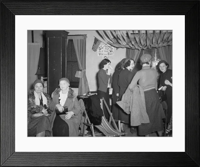 Framed Print : UAW Ladies Auxiliary supported the strike against GM. Jan.-Feb. 1937. Wives and sweethearts of strikers at their headquarters during the Sit-down Strike in Flint, Michigan