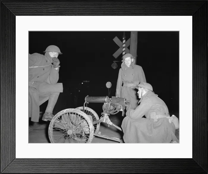 Framed Print : National Guard with machine gun overlooking GM factories. 1937