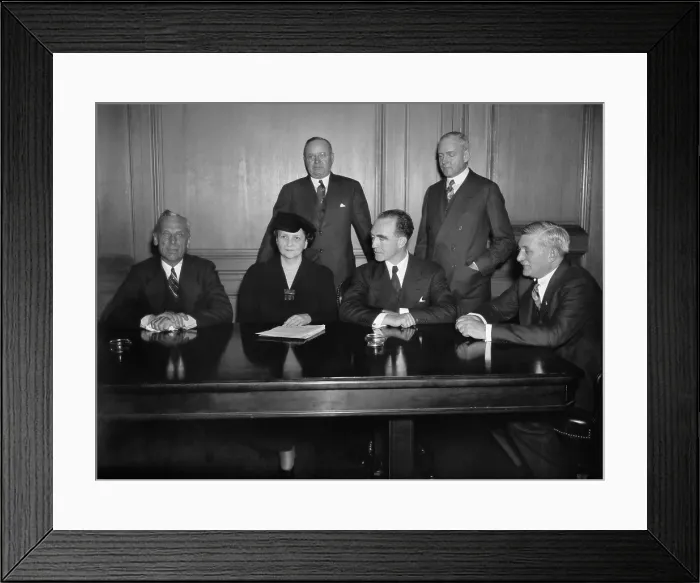 Framed Print : GM executives meet with Sec. Perkins and Gov. Murphy to discuss sit-down strike. Jan. 21, 1937. L-R: Alfred P. Sloan, Jr.; General Motors Pres; Sec. Francis Perkins; Gov Framed Print : GM executives meet with Sec. Perkins and Gov. Murphy to discuss sit-down strike. Jan. 21, 1937. L-R: Alfred P. Sloan, Jr.; General Motors Pres; Sec. Francis Perkins; Gov
