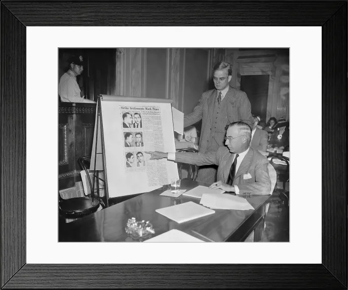 Framed Print : Auto industry lobbyist attacks the Wagner Labor Act and links UAW to criminals. June 27, 1939. William Cronin, shows news clippings of auto labor activists with criminal records