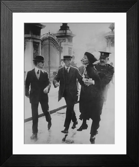 Framed Print : British suffragette Emmeline Pankhurst arrested and carried away by a policeman for leading suffragettes attempt to present a petition to King George V at Buckingham Palace