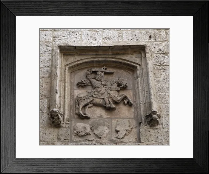 Framed Print : SPAIN. Valladolid. Church of Santiago Apstol. Gothic relief of Saint Jamesson of Zebedeeprotected by arch alfiz in the central apse. Gothic art. Relief Framed Print : SPAIN. Valladolid. Church of Santiago Apstol. Gothic relief of Saint Jamesson of Zebedeeprotected by arch alfiz in the central apse. Gothic art. Relief