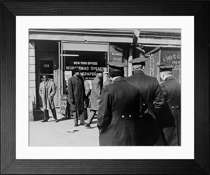 Framed Print : Police standing outside a Black Muslims office on a New York City Street. 1965 Framed Print : Police standing outside a Black Muslims office on a New York City Street. 1965