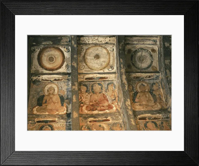 Framed Print : INDIA. Ajanta. Ajanta Caves. Cave 10. Detail of the decoration of the ceiling in the chaitya-griha with scenes from the life and incarnations of Buddha
