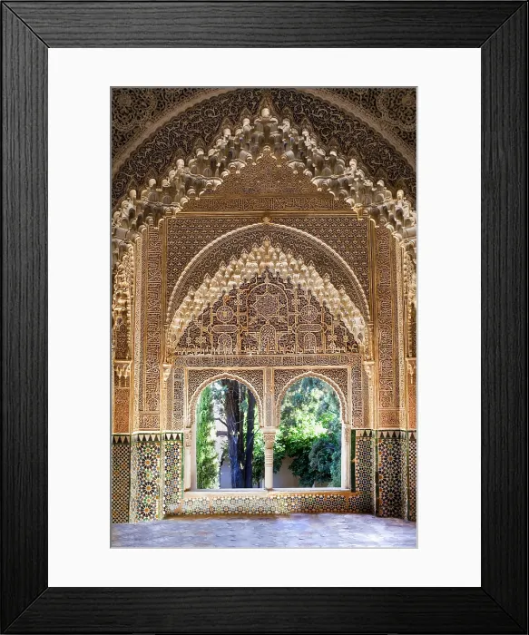 Framed Print : Alhambra. SPAIN. Granada. Alhambra. Nazari Palace. Palace of the Lions. Daraxa or Lindaraja viewpoint at Hall of Aljimences. Hispano-Moresque art. Nasrid dynasty. Architecture Framed Print : Alhambra. SPAIN. Granada. Alhambra. Nazari Palace. Palace of the Lions. Daraxa or Lindaraja viewpoint at Hall of Aljimences. Hispano-Moresque art. Nasrid dynasty. Architecture
