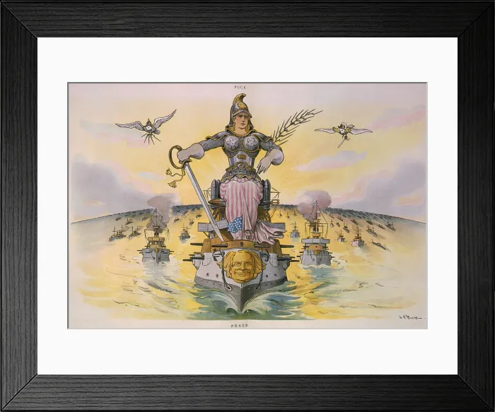 Framed Print : 1905 Cartoon entitled 'Peace, 'shows Columbia leading the 'Great White Fleet'. On the bow of a battleship which has Theodore Roosevelt's face on it