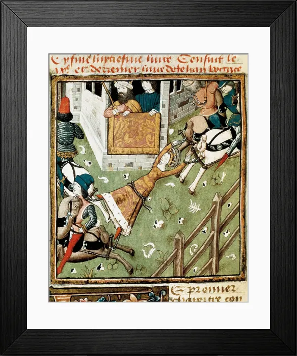 Framed Print : CHAMPION DES DAMES, Master of (s. XV). Des Hommes Illustres. s.XV. Torture of Brunhilda by Chlothar II, king of Neustria. ms. 0622, f. 221v