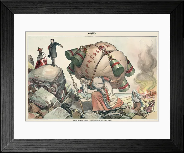 Framed Print : 1904 cartoon depicting President Theodore Roosevelt appealing the Russia Czar Nicolas II to end oppression of Russian Jews