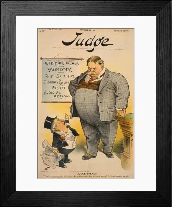 Framed Print : 1909 cartoon criticizing to Taft's continuation of his predecessor's 'Roosevelt policy, ' pointing to 'Taft policy' on wall, and telling Taft Framed Print : 1909 cartoon criticizing to Taft's continuation of his predecessor's 'Roosevelt policy, ' pointing to 'Taft policy' on wall, and telling Taft