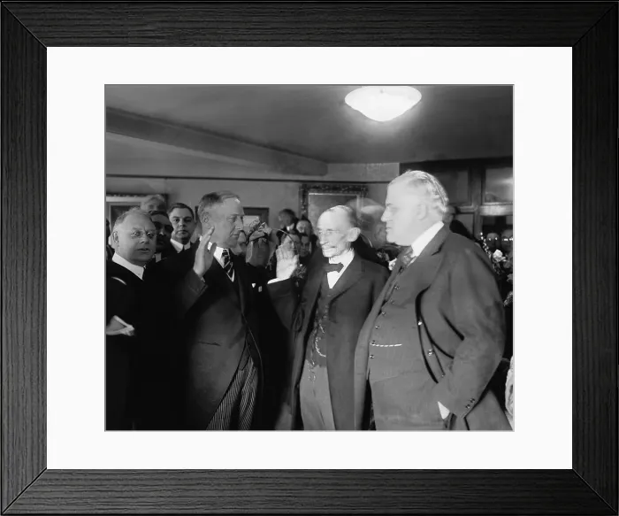Framed Print : Harry M. Daugherty (1860-1941 ), at left, being sworn in as Attorney General, the day following Warren G. Harding's inauguration, March 5, 1921