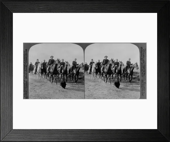 Framed Print : Stereocard of President Theodore Roosevelt, during his 1903 Western tour, where he took a 60 mile horseback ride from Laramie to Cheyenne, Wyoming