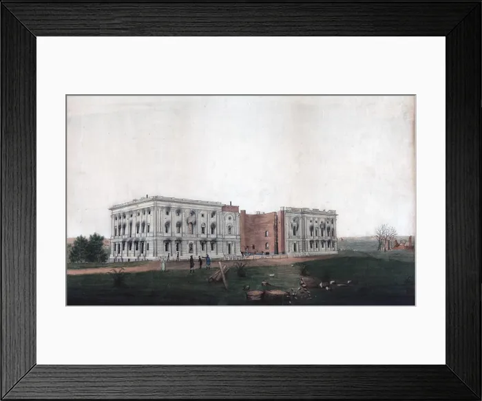 Framed Print : The United States Capitol building. U.S. Capitol after burning by the British. Drawing shows the ruins of the U.S. Capitol following British attempts to burn the building