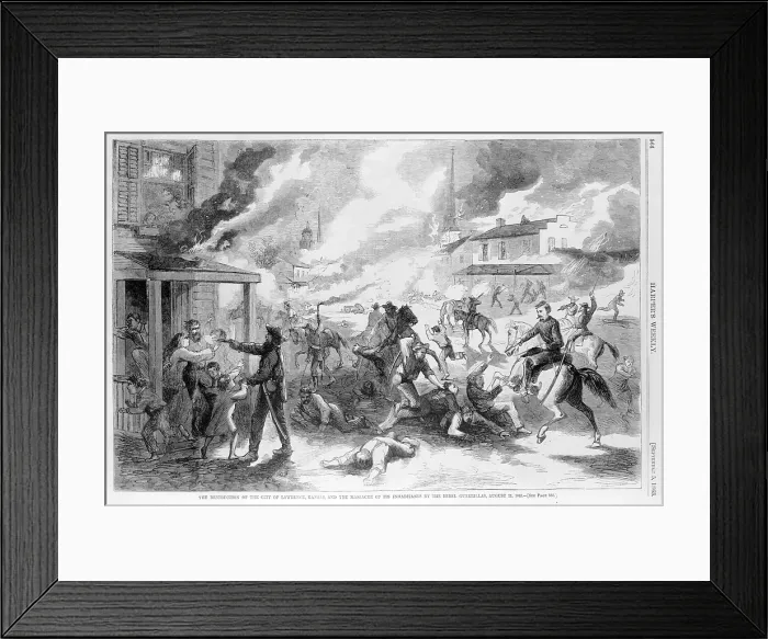 Framed Print : The Civil War, The destruction of the city of Lawrence, Kansas, and the massacre of its inhabitants by the Rebel guerrillas, August 21, 1863. Woodcut ca. 1863 Framed Print : The Civil War, The destruction of the city of Lawrence, Kansas, and the massacre of its inhabitants by the Rebel guerrillas, August 21, 1863. Woodcut ca. 1863