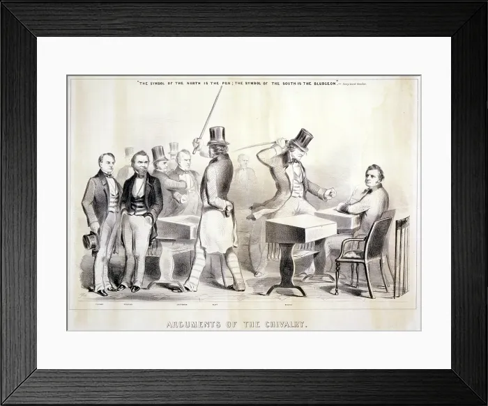 Framed Print : The Civil War, The attack and severe beating of Massachusetts senator Charles Sumner by Representative Preston S. Brooks of South Carolina. Cartoon by Winslow Homer, 1856 Framed Print : The Civil War, The attack and severe beating of Massachusetts senator Charles Sumner by Representative Preston S. Brooks of South Carolina. Cartoon by Winslow Homer, 1856