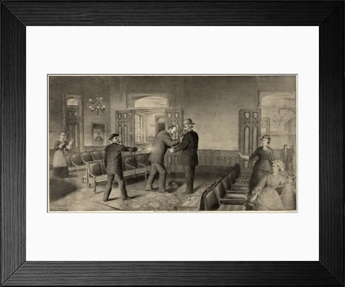 Framed Print : Scene of the assassination of Gen. James A. Garfield, President of the United States by Charles J. Guiteau. engraving, Dec. 21, 1881 Framed Print : Scene of the assassination of Gen. James A. Garfield, President of the United States by Charles J. Guiteau. engraving, Dec. 21, 1881