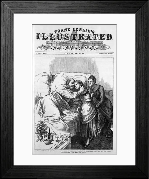 Framed Print : President Garfield, following assassination attempt, comforted by his wife and daughter. Woodcut, July 23, 1881
