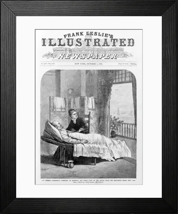 Framed Print : President Garfield, following assassination attempt, comforted by his wife at Elberon, NJ. Woodcut, Sept 13, 1881