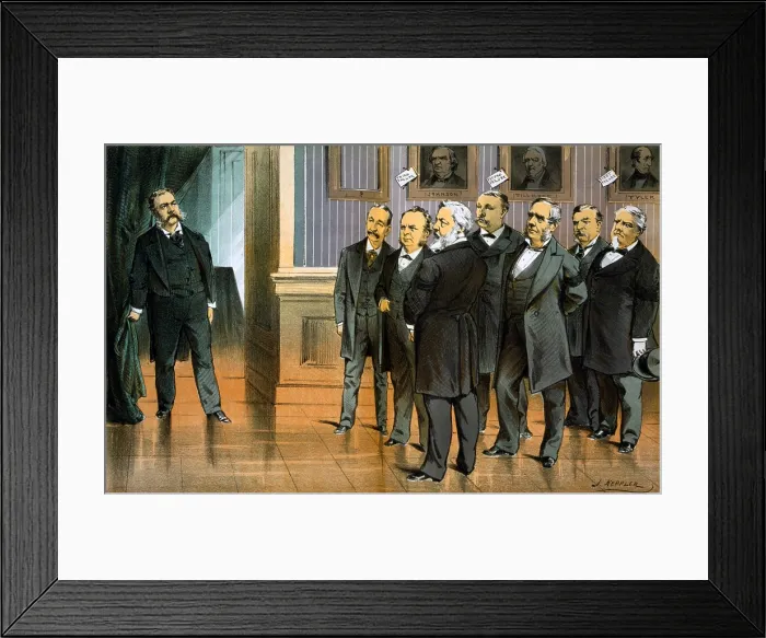 Framed Print : Seven men looking at Pesident Chester A. Arthur; portraits of presidential failures on the wall. Color lithograph, 1881 Framed Print : Seven men looking at Pesident Chester A. Arthur; portraits of presidential failures on the wall. Color lithograph, 1881