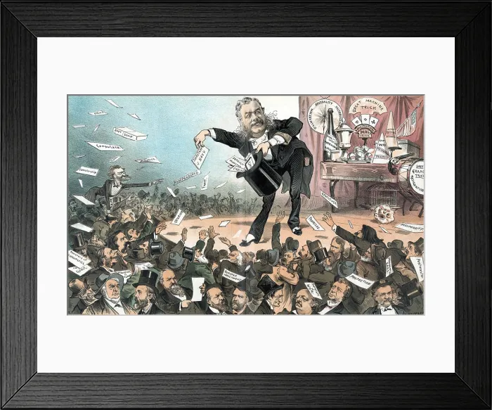 Framed Print : A presidential conjuror'. Chester Arthur, on stage, throwing out titles of political offices, soft soap, promises, etc. to crowd of men Framed Print : A presidential conjuror'. Chester Arthur, on stage, throwing out titles of political offices, soft soap, promises, etc. to crowd of men