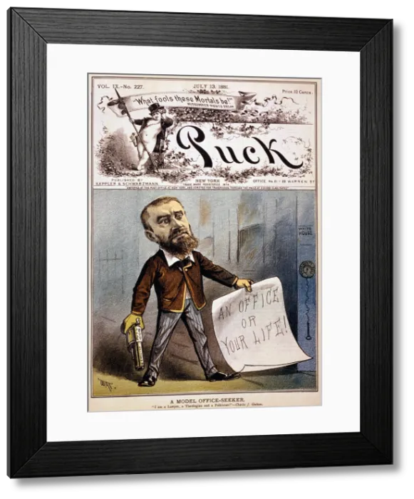 Framed Print : Cartoon showing presidential assassin Charles J. Guiteau holding pistol and paper reading, an office or your life!'. Color lithograph, 1881