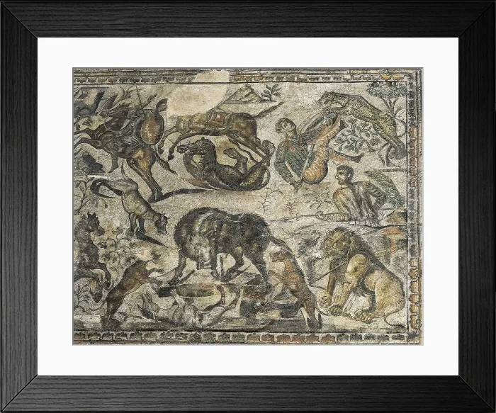 Framed Print : SPAIN. Pedrosa de la Vega. Roman Villa La Olmeda. Mosaic. The Hunt. Roman Art. 4th c. A.D. Roman art. Late Empire. Mosaic. AISA / Everett Collection (14412)**US SALES ONLY**