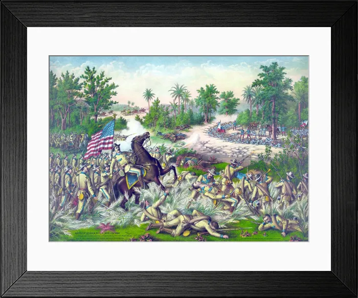 Framed Print : The Philippine-American War. The Battle of Quingua. Colonel Stotsenburg and the 1st Nebraskan Infantry come under fire from the Filipino army. color lithograph, April 23, 1899 Framed Print : The Philippine-American War. The Battle of Quingua. Colonel Stotsenburg and the 1st Nebraskan Infantry come under fire from the Filipino army. color lithograph, April 23, 1899