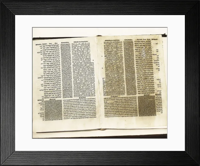 Framed Print : Biblia Polglota Complutense (Complutensian Polyglot Bible1514)written in HebrewGreek and Latin. Made in Alcaln de Henares. SPAIN. Madrid. National Library