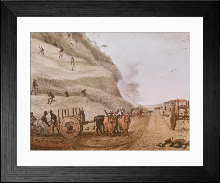 Framed Print : DEBRET, Jean Baptiste (1768-1848). A Colourful and Historic Journey to Brazil. 1839. Slaves working in the explotation of a quarry near Rio de Janeiro. Costumbrism. Litography