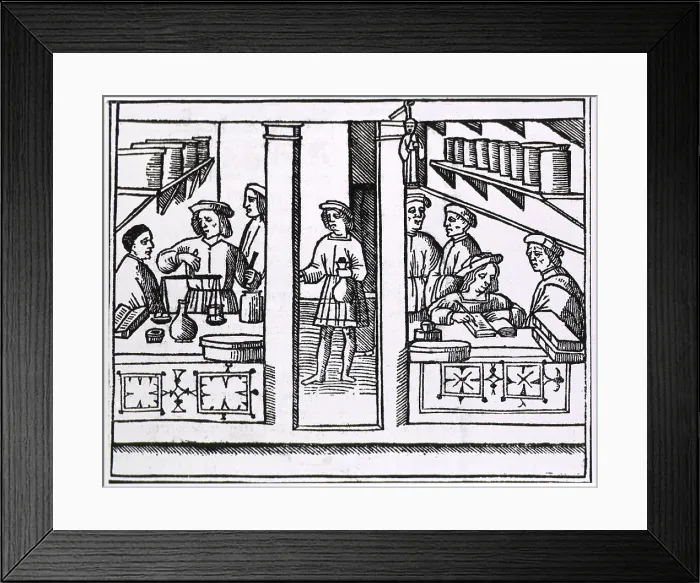 Framed Print : Pharmacy scene from the title page of a Latin version of Galen's RECETARIO DE GALIENO, published in Venice in 1518