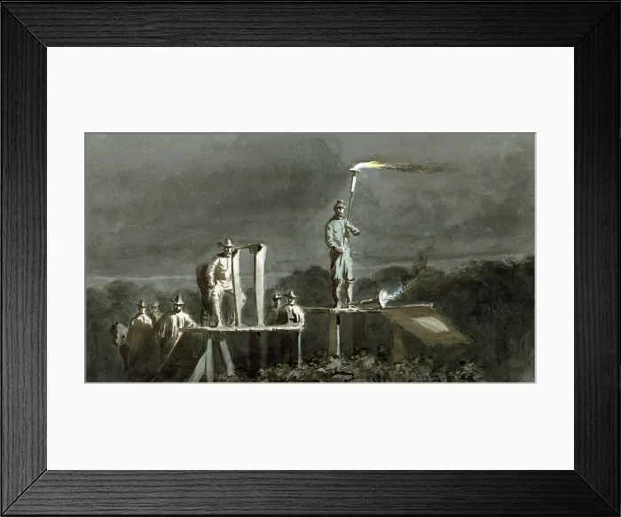 Framed Print : The Civil War. Night signalling by torches across the James River. Watercolor on paper by William Waud. October 1864