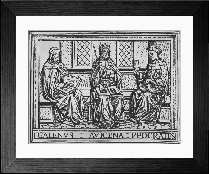 Framed Print : The three great ancient teachers of medicine: Galen (Roman), Avicenna (Persian), and Hippocrates (Greek). Woodcut from an early 15th century Latin language medical book Framed Print : The three great ancient teachers of medicine: Galen (Roman), Avicenna (Persian), and Hippocrates (Greek). Woodcut from an early 15th century Latin language medical book