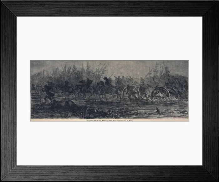 Framed Print : The Civil War. Dragging artillery through the mud, mounted cavalry pull artillery pieces through muddy ground. Engraving based on a drawing by Alfred Waud. March, 1864 Framed Print : The Civil War. Dragging artillery through the mud, mounted cavalry pull artillery pieces through muddy ground. Engraving based on a drawing by Alfred Waud. March, 1864