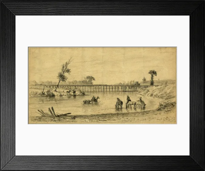 Framed Print : The Civil War. Soldiers on horseback crossing a river near the Orange and Alexandria railroad bridge. Drawing by Edwin Forbes. August 1863