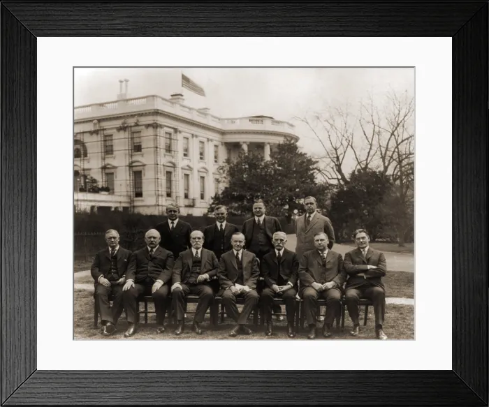 Framed Print : President Calvin Coolidge and members of his cabinet pose on the White House Lawn: Labor-Davis, Agriculture-Wallace, Commerce-Hoover, Post Master Gen-New, War-Weeks, State-Hughes Framed Print : President Calvin Coolidge and members of his cabinet pose on the White House Lawn: Labor-Davis, Agriculture-Wallace, Commerce-Hoover, Post Master Gen-New, War-Weeks, State-Hughes